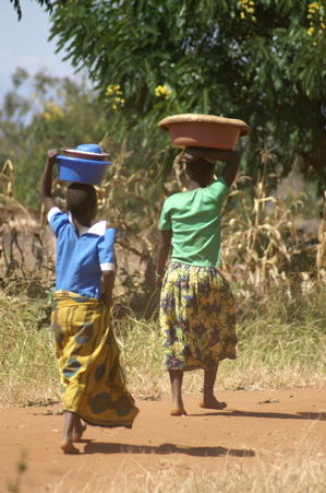 Two Malawian Girls Carrying Flower